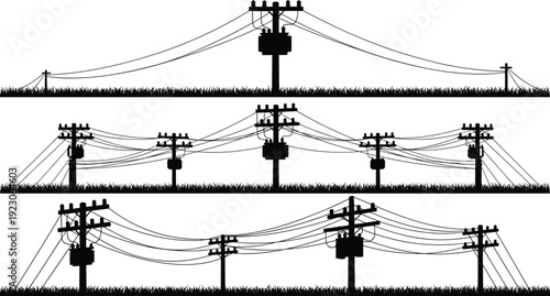 Black silhouette collection of electrical utility poles with transformers, high voltage power lines, and industrial grid infrastructure isolated on white.