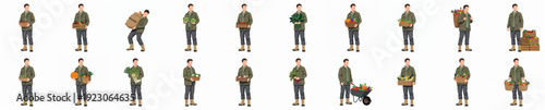 Isometric Detailed Farmer Character Set with Harvest and Farm Equipment Illustration