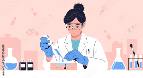 Scientist performs cosmetic research, testing skincare products on skin sample