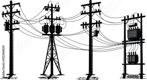 Detailed black silhouette of electrical utility poles with transformers and complex wire networks isolated on white background for industrial energy design.