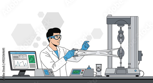 Scientist performs tensile strength test on material sample in laboratory