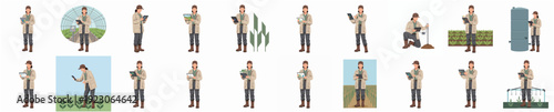 Flat Simple Smart Farmer with Tablet Various Poses Agriculture Illustration