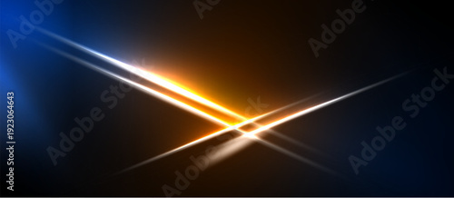Abstract light streaks intersect. Blue, orange hues dominate dark background. Brightness creates dynamic visual effect.