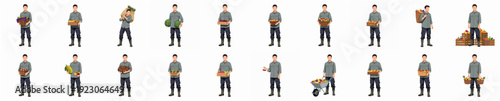 Full Length Illustration of Farmer Holding Various Harvested Agricultural Product