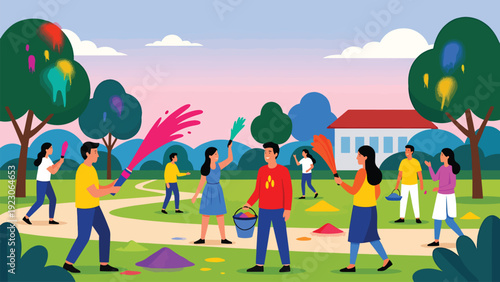 Joyful people playing with vibrant holi colors in public park garden during traditional spring festival with trees and house in background on beautiful sunny day