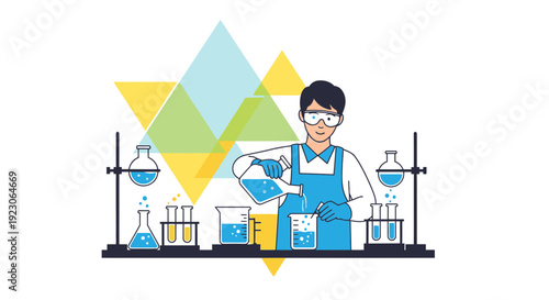 Scientist Pouring Liquid in Laboratory with Geometric Shapes
