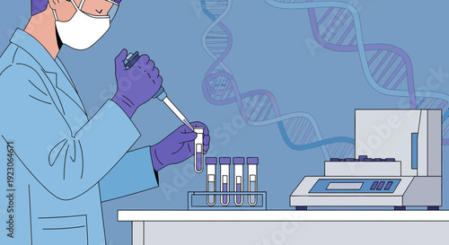 Scientist Pipetting Samples in Laboratory with DNA Background