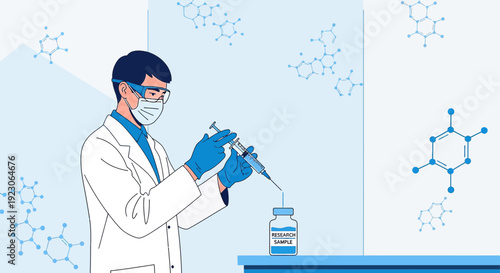 Scientist preparing injection from medicine vial, medical research illustration