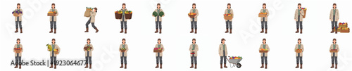Miniature Figure Farmer Carrying Harvest Crops and Equipment Isolated Illustration