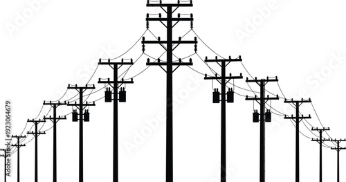 Symmetrical silhouette of electric utility poles with transformers and power lines arranged in a pyramid shape on isolated white background.