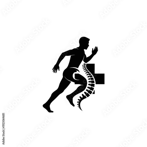 Running Man with Spine and Medical Cross Silhouette.