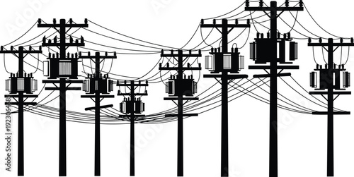 Intricate black silhouette of multiple electric utility poles with complex wiring and transformers isolated on white background for industrial power concepts.
