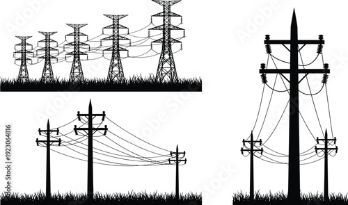 Black Vector Silhouettes of Electrical Power Infrastructure Utility Poles Transmission Towers Transformers Traffic Lights and Modern Street Lamps for Industrial Design