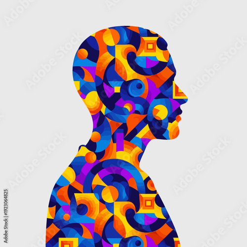 Vibrant silhouette of a person filled with patterns, shapes, and colors