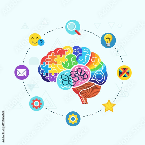 Creative brain illustration with diverse icons surrounding it in a circular pattern