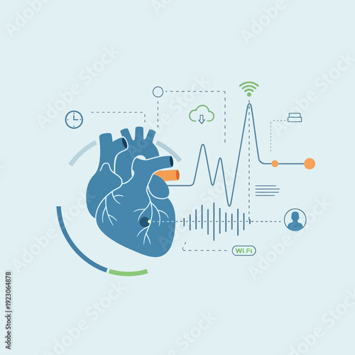 Illustration of human heart with medical technology and data analysis