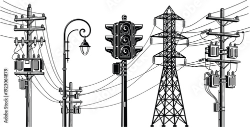 Collection of Detailed Vector Illustrations Featuring Electrical Power Grid Infrastructure Transmission Towers Utility Poles Traffic Lights and Street Lamps for Industry