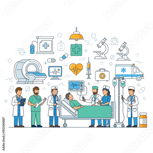 Medical team attending patient in hospital bed surrounded by medical equipment