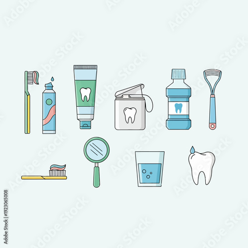 Collection of dental hygiene items displayed neatly on a clean surface
