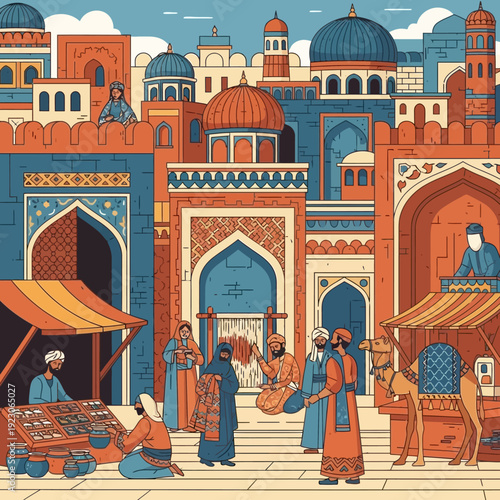 Vibrant marketplace scene in ancient city with merchants and architecture