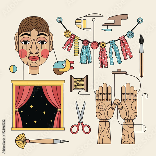 Puppeteer's hands control marionette strings, creating lively performance scene