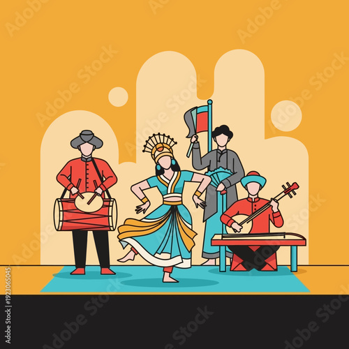 Musicians perform traditional dance music together on stage with instruments