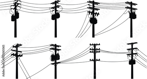 Silhouette and line art of electrical utility poles, high voltage transmission towers, transformers, substations, and linemen performing industrial grid maintenance,