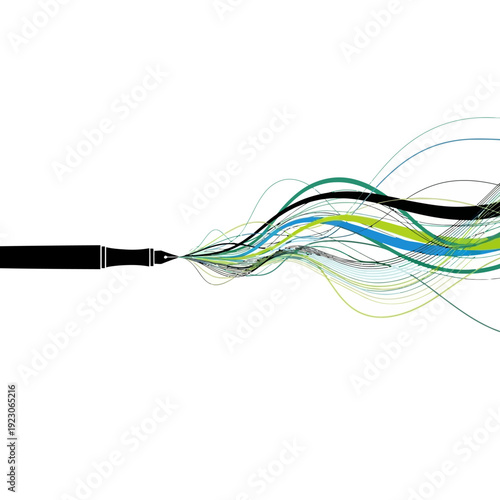 Vibrant ink streams flowing from a pen tip, creating dynamic splashes