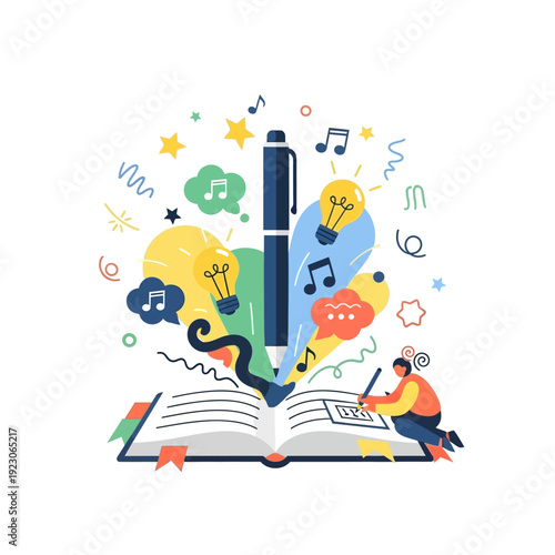 Person writing in a book with creative ideas floating above the page