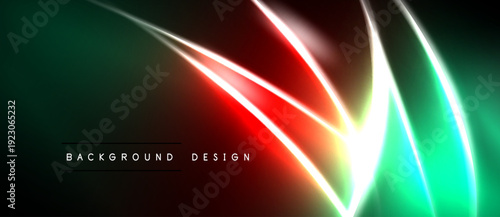 Abstract neon lines create vibrant diagonal shapes. Dark background emphasizes glowing red, green, white elements. Modern design.
