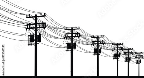 Silhouette of row of utility poles with transformers and tangled power lines, urban electrical distribution network, and industrial energy infrastructure,