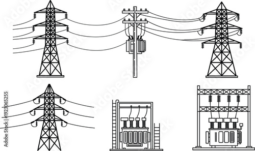 Silhouette and line art of electrical power transmission towers, substations, transformers, and industrial energy grid infrastructure for utility maintenance services,
