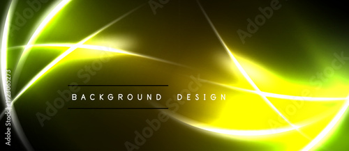 Bright yellow neon lines over dark background. Modern abstract design with text background design. Vibrant energy radiates from glowing shapes.