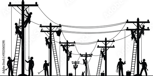 Silhouette of professional team of electrical linemen working on power poles, repairing high voltage utility lines, maintenance and industrial infrastructure services,