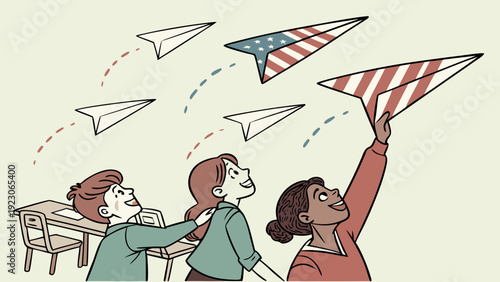 A group of cartoon friends in the style of children's animation, launching paper airplanes.