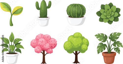 Hand drawn vector illustration collection of potted indoor house plants including cactus succulent monstera green trees and blooming cherry blossom flowers