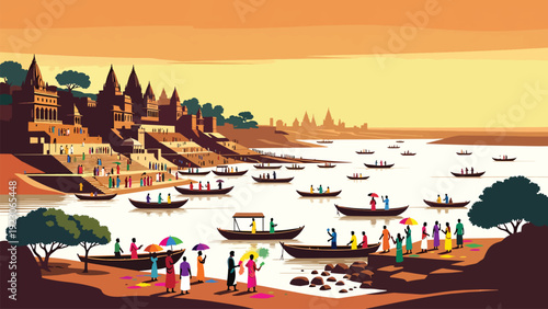 Varanasi river bank with ancient temples and boats at sunset vector illustration representing traditional indian culture with people gathering near holy ganga water