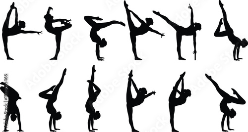 Black gymnast silhouette set featuring female athletes performing artistic handstands splits and rhythmic gymnastics poses isolated on white background for sports