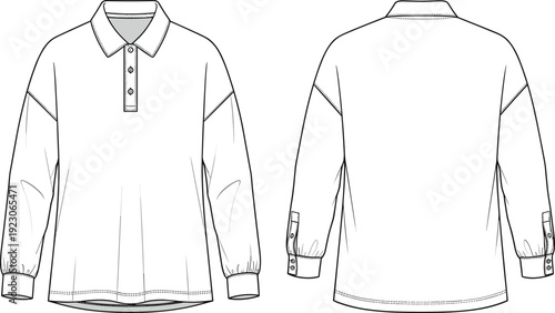 Long sleeve polo shirt technical fashion sketch CAD drawing flat vector illustration with collar and button placket for apparel design