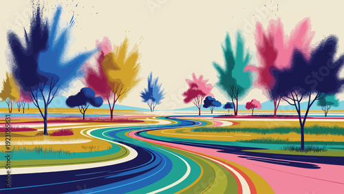 Vibrant and colorful landscape with a winding river and trees in various hues, celebrating the joy and spirit of spring festival holi