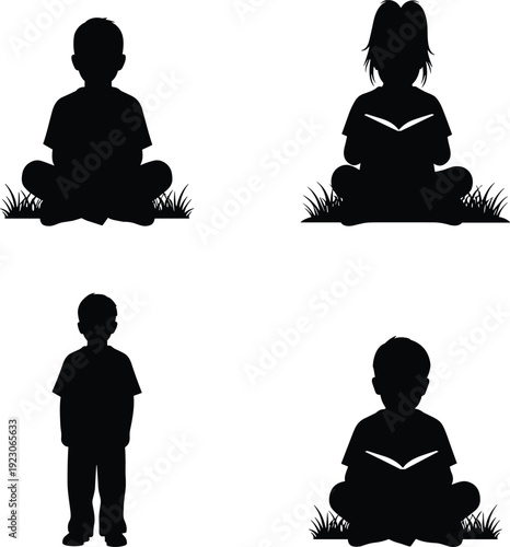 Children silhouettes set with kids sitting on grass, reading books, and standing, perfect for education, summer camp, and storytelling concepts.