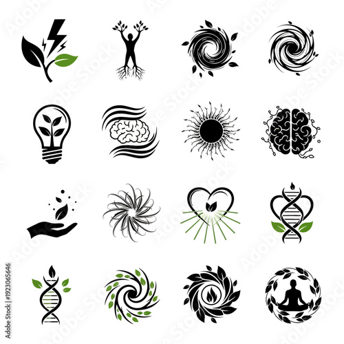Set of 16 ecofriendly and sciencethemed icons.