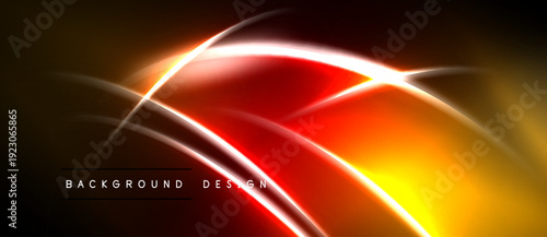 Abstract vibrant lines create dynamic energy. Orange, red, yellow hues blend into dark background. Modern design element.