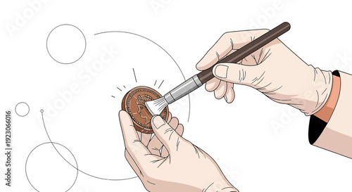 Archaeologist Cleaning Ancient Coin with Brush, Restoration, Discovery