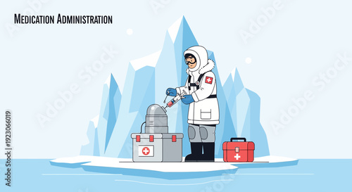 Arctic Medical Aid: Doctor Administers Medication Amidst Iceberg Landscape