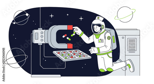 Astronaut Collecting Pills with Magnet in Space, Science Fiction Medicine Concept