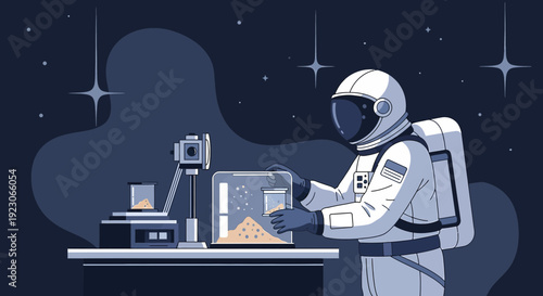 Astronaut conducts scientific experiment in space, examining samples in zero gravity.