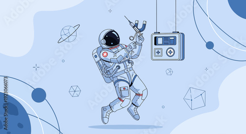 Astronaut Performing Medical Procedure in Space with Syringe and IV Drip