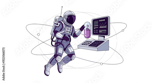 Astronaut conducting science experiment in space with futuristic technology and capsule