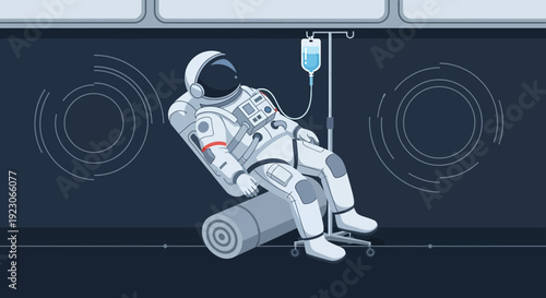 Astronaut Receiving IV Drip in Space Station - Medical Care Concept